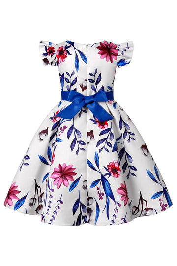 Azul Puff Mangas Vestido de Meninas Com Laço